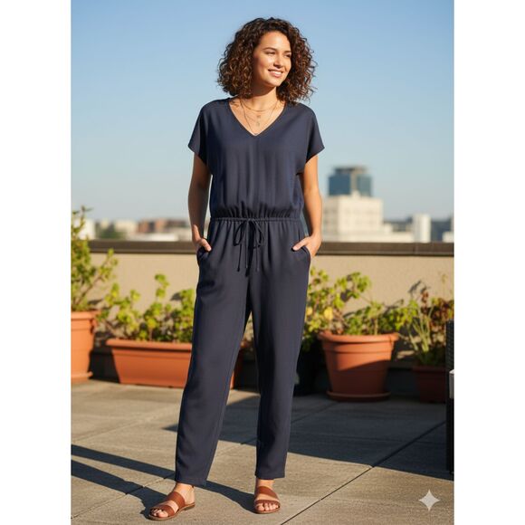 J. Crew Relaxed Jumpsuit S Linen Lyocell Drawstring Navy Blue Comfy Flowy - Picture 1 of 15